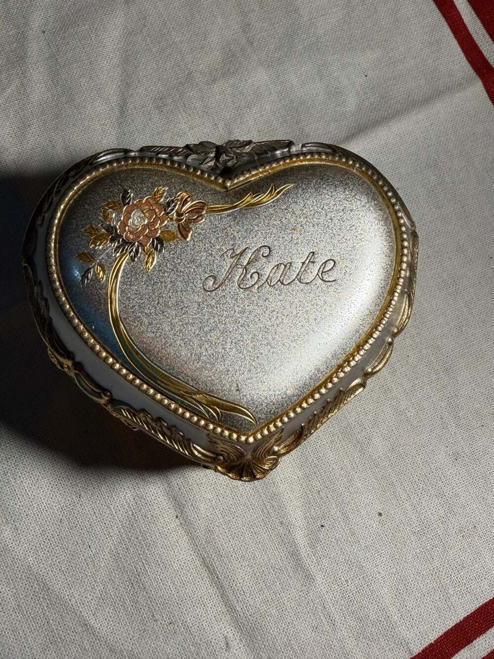 Vintage Heart-Shaped Sankyo Gold Tone Trinket Music Box Personalized Kate